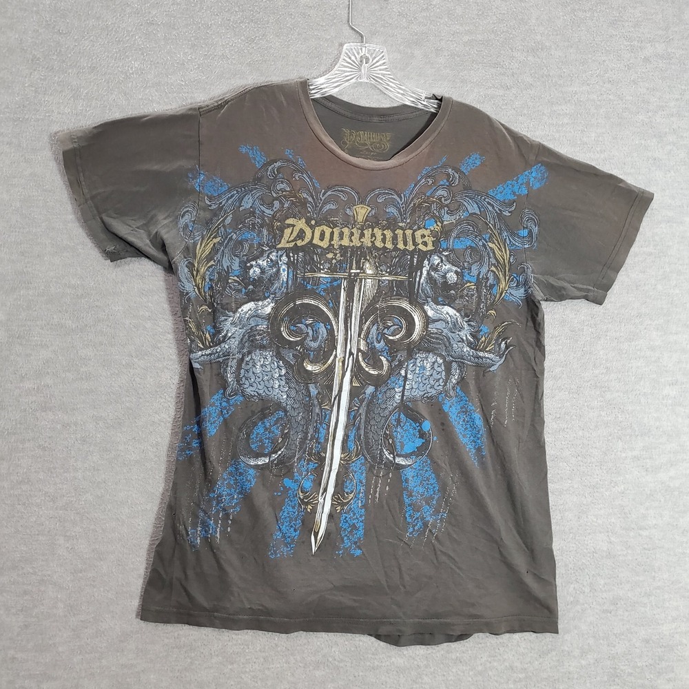 VINTAGE Dominus Men Shirt Large Gray Emblem Grunge MMA Graphic Y2K Tee READ